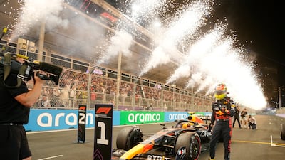 Red Bull driver Sergio Perez after winning the Saudi Arabia Grand Prix at the Jeddah corniche circuit on March 19, 2023. AP