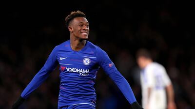 Callum Hudson-Odoi celebrates his goal for Chelsea on Thursday night in the Europa League against Dynamo Kiev. Getty