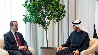 President Sheikh Mohamed and Syrian Foreign Minister Asaad Al Shibani hold talks in Abu Dhabi. Photo: UAE Presidential Court