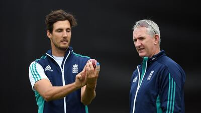 England bowler Steven Finn, left, chats with former fast bowler Andrew Caddick during a nets session in Birmingham. Stu Forster / Getty Images