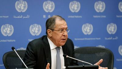 Russian foreign minister Sergei Lavrov addresses the media at United Nations headquarters. EPA/JASON SZENES