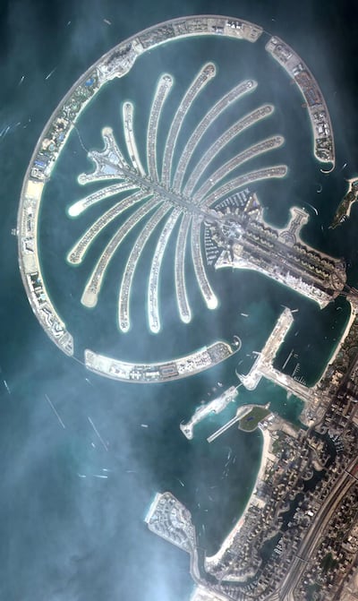 An aerial image of Palm Jumeirah, taken from space by KhalifaSat. Courtesy Dubai Media Office