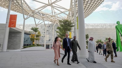 Prince William Duke of Cambridge, second left, visits the Sheikh Abdullah Al Salem Cultural Center with Kuwaiti Deputy Minister of Amiri Diwan Affairs Sheikh Mohammad Abdullah Al-Mubarak Al-Sabah, center, in Kuwait City. AP Photo