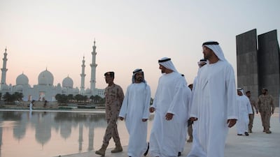 Sheikh Mohammed, speaks with Sheikh Khalifa bin Tahnoon, while visiting the Oasis of Dignity, a memorial dedicated to the UAE’s heroes who fell in the line of duty. Seen with Lt Gen Hamad Thani Al Romaithi and Mohammed Al Mazrouei. Hamad Al Kaabi for the Crown Prince Court — Abu Dhabi
