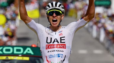 Cycling - Tour de France - Stage 4 - Pinerolo to Valloire - Valloire, France - July 2, 2024 UAE Team Emirates' Tadej Pogacar crosses the finish line to win stage 4 REUTERS / Molly Darlington