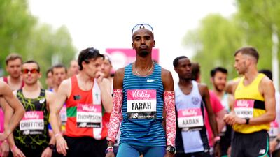 Mo Farah ahead of the men's race during the Vitality London 10,000 road race. PA