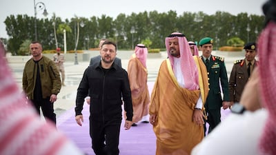 Ukrainian President Volodymyr Zelenskyy meets Deputy Governor of the Makkah Region Prince Saud bin Mishaal in Jeddah, Saudi Arabia, on March 26. Reuters