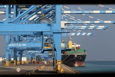 A container ship is moored at Abu Dhabi's Khalifa Port after it was expanded in Abu Dhabi, 2019. Reuters