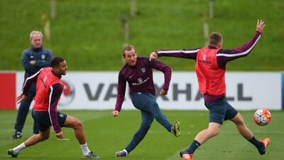 England's Harry Kane takes a shot during training on Wednesday ahead of their Friday night Euro 2016 qualifying match against Estonia. Alex Livesey / Getty images