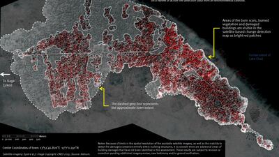 A satellite image from Airbus Defence and Space satellites shows evidence of large-scale destruction following 2015 attacks by Boko Haram around Doro Gowon, Borno state. AFP