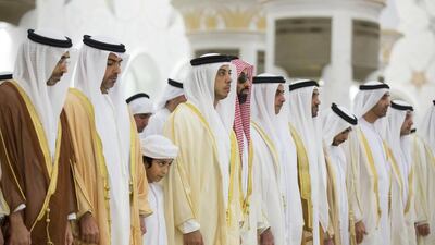 From left: Sheikh Diab bin Zayed, Sheikh Hamed bin Zayed, Chairman of the Crown Prince Court of Abu Dhabi and Abu Dhabi Executive Council Member, Sheikh Mansour bin Zayed, UAE Deputy Prime Minister and Minister of Presidential Affairs, Sheikh Tahnoon bin Zayed, UAE National Security Advisor, Lt General Sheikh Saif bin Zayed, UAE Deputy Prime Minister and Minister of Interior, Sheikh Nahyan Bin Zayed Chairman of the Board of Trustees of Zayed bin Sultan Al Nahyan Charitable and Humanitarian Foundation, Sheikh Issa bin Zayed, Sheikh Saeed bin Zayed, Abu Dhabi Ruler’s Representative and HH Sheikh Hazza bin Zayed, Vice Chairman of the Abu Dhabi Executive Council attend Eid Al Fitr prayers at Sheikh Zayed Grand Mosque. Ryan Carter / Crown Prince Court — Abu Dhabi