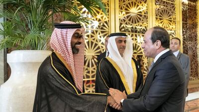 Sheikh Tahnoon bin Zayed Al Nahyan, UAE National Security Adviser (L) greets Abdel Fattah El Sisi, President of Egypt, at the Presidential Airport. Mohamed Al Hammadi / Ministry of Presidential Affairs