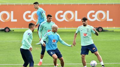 Brazil's Lucas Paqueta, Thiago Silva and Richarlison during training. Reuters
