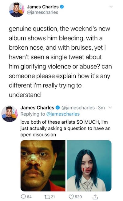 James Charles compared the challenge to images used by popstars The Weeknd and Billie Eilish. Twitter