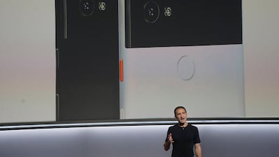 Google's Mario Queiroz speaks about the Google Pixel 2 XL phones at a Google event at the SFJAZZ Center in San Francisco. Jeff Chiu / AP Photo