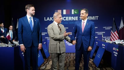 From left, US Vice President JD Vance, Pakistan's Prime Minister Shehbaz Sharif and Qatar's Prime Minister Sheikh Mohammed bin Abdulrahman before a meeting in Lucerne, Switzerland. AP