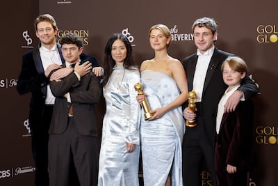 Hamnet team, from left, Joe Alwyn, Noah Jupe, Chloe Zhao, Jessie Buckley, Paul Mescal and Jacobi Jupe. EPA