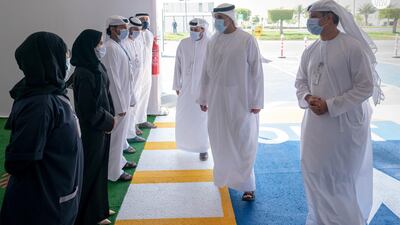 Sheikh Khalid visits a drive-through testing centre in Abu Dhabi's Corniche. Courtesy: Abu Dhabi Media Office