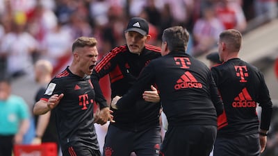 Bayern Munich's Joshua Kimmich and coach Thomas Tuchel react after Leroy Sane's goal was disallowed goal. Reuters