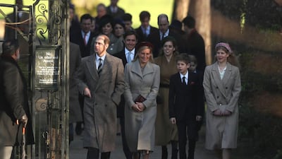 From left, Britain's Prince Edward, Earl of Wessex and his wife Sophie, Countess of Wessex, with their children, Britain's Lady Louise Windsor and James, Viscount Severn arrive for a Christmas day service at the St Mary Magdalene Church. AP