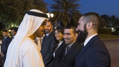 Sheikh Mohammed bin Zayed, Crown Prince of Abu Dhabi and Deputy Supreme Commander of the Armed Forces, greets a support staff of the Abu Dhabi World Professional Jiu-Jitsu Championship 2016, seen during a Sea Palace barza. Ryan Carter / Crown Prince Court - Abu Dhabi