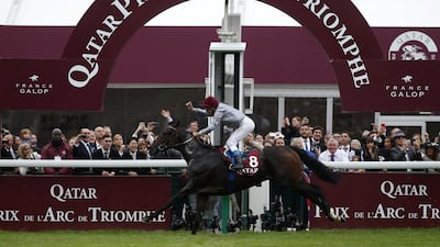 France's Thierry Jarnet celebrates as he rides Treve across the finish line to win the Qatar Prix de l'Arc de Triomphe at the Longchamp, near Paris, on October 5, 2014. Benoit Tessier / Reuters