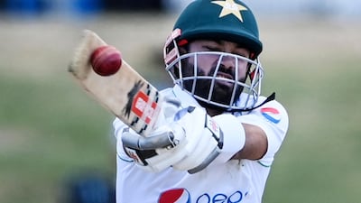 Pakistan captain Mohammad Rizwan plays a pull shot. AP