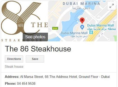 A listing for the 86 Steakhouse has appeared on Google with the same phone number and address at Ruth's Chris Steak House.