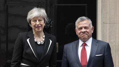 British Prime Minister, Theresa May, greets King Abdullah II of Jordan outside number 10 Downing Street on February 28, 2019 in London, England. Getty Images