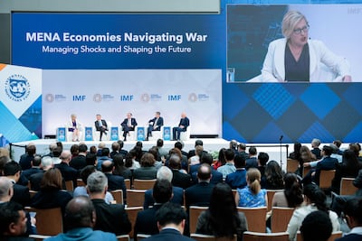 Panellists at the IMF and World Bank Group Spring Meetings in Washington on Tuesday. AFP