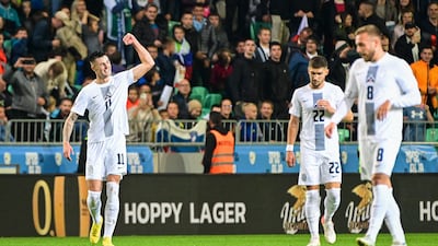 Slovenia's forward Benjamin Sesko (L) celebrates during the UEFA Nations League football match between Slovenia and Norway at the Stozice stadium in Ljubljana, on September 24, 2022. (Photo by Jure Makovec / AFP)