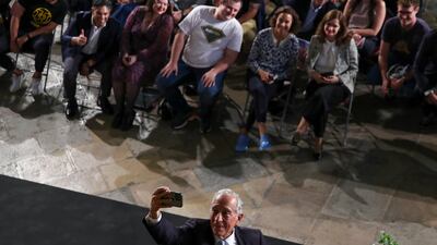 Portuguese President Marcelo Rebelo de Sousa takes a selfie during a meeting with start-ups in Lisbon. EPA