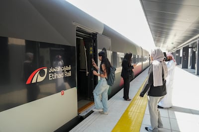 An Etihad Rail train arrives at the new Dubai station. Pawan Singh for The National