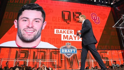 NFL commissioner commissioner Roger Goodell walks off stage as Baker Mayfield is selected as the No 1 overall pick to the Cleveland Browns in the first round of the 2018 NFL Draft at AT&T Stadium. Matthew Emmons / USA Today Sports