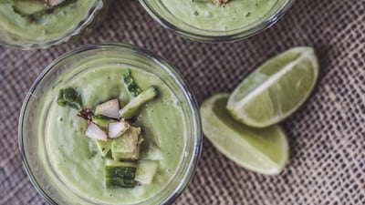 Chilled avocado soup with chilli, lime and toasted coconut. Photos by Scott Price