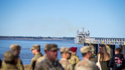 A US Army ship sails from Joint Base Langley-Eustis in Hampton, Virginia, to take part in the Gaza pier mission. AP