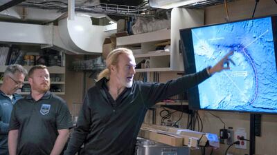 Victor Vescovo indicates to the Expedition Team the proposed routing for the South Sandwich. Courtesy: The Five Deeps Expedition