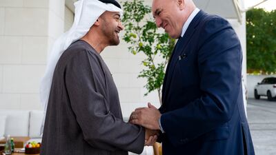 President Sheikh Mohamed welcomed Italian defence minister Guido Crosetto in Abu Dhabi on Monday. Photo: UAE Presidential Court