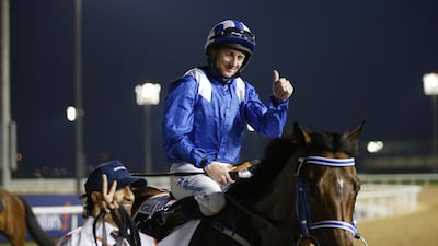 Paul Hanagan on Muarrab from Great Britain celebrates after winning the Dubai Golden Shaheen race during the Dubai World Cup 2016 at the Meydan race course in Gulf emirate of Dubai, United Arab Emirates, 26 March 2016. The Dubai World Cup is one of the richest events in the horse racing sporting calendar. EPA/ALI HAIDER