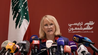 Tracy Chamoun announces her candidacy in Lebanon's coming presidential election, in Beirut, on Monday. AP