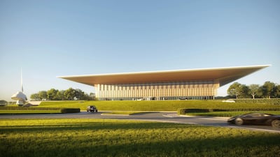 The House of Wisdom boasts a cantilevered roof, designed by Foster + Partners, and sits next to British artist Gerry Judah's sculpture, The Scroll. Courtesy Foster + Partners
