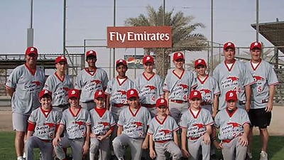 Thirteen of Dubai´s top 12 and 13-year-old baseball players are in Kutno, Poland, to compete for the right to represent Africa and the Middle East at the Little League World Series in Williamsport, Pennsylvania. Bottom row, from left: Shane Heller, Braden Garrison, Alex West, Luis Olivera, Mike Kapner, Christian Hickey, Benji van Rooyen. Top row, from left: Pete Giles, Jacob Whaley, Faiz Moosa, Isaiah Jones, Ray Braun, James Braden, Curran Hickey, Kelly Jones, Steve Braun.