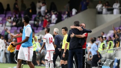 Manager Edgardo Bauza celebrates the UAE's World Cup qualifier win over Saudi Arabia at Hazza Bin Zayed Stadium on Tuesday. Chris Whiteoak / The National