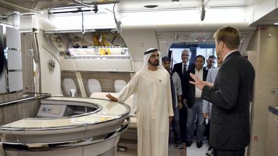 Sheikh Mohammed tours the interior design area for the A380 fleet. Wam