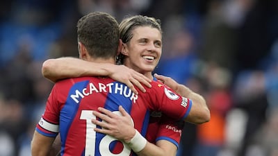 Crystal Palace's James McArthur (L) and Crystal Palace's Conor Gallagher (R) celebrate. EPA