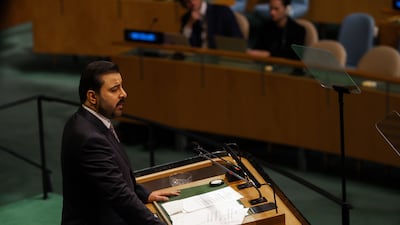 Iraqi Prime Minister Ali Al Zaidi addresses the UN General Assembly in New York. EPA
