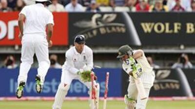 The Australia captain Ricky Ponting is dismissed by a big, turning delivery from the England off-spinner Graeme Swann.