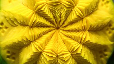 A competitor carved an artistic design into a pumpkin.