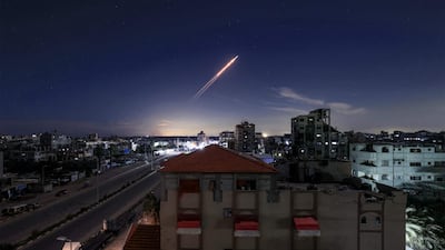 A missile launched from Iran as seen from Bureij camp in Gaza. AFP