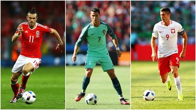 From left to right: Gareth Bale, Cristiano Ronaldo, Robert Lewandowski. Dean Mouhtaropoulos / Julian Finney / Lars Baron / Getty Images
